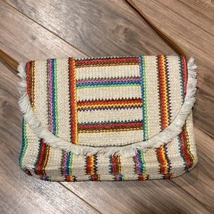 Bohemian cross body purse multi color weaved purse with fringe ~ straw look